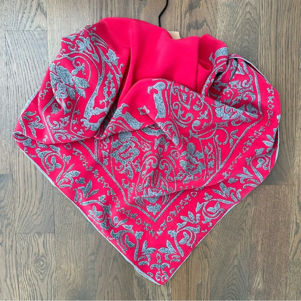 Anthropologie Vintage 100% Silk Paisley Printed Square Scarf Pink and Grey 40